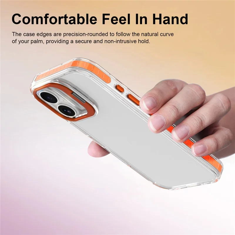 For iPhone 16 Case Metal Camera Kickstand Shockproof Clear PC + TPU Phone Cover - Transparent Orange