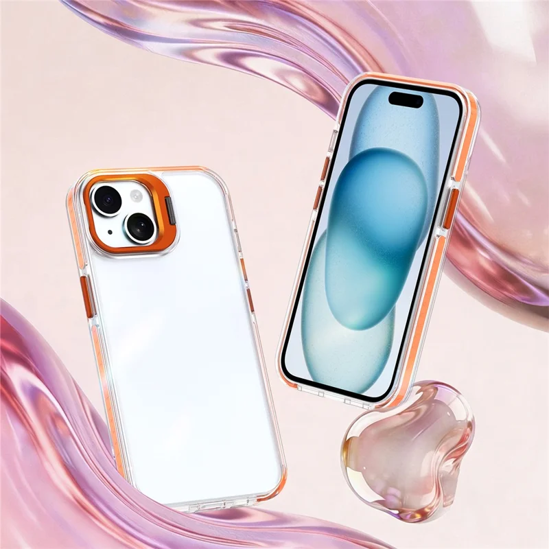 For iPhone 15 Case Metal Camera Kickstand Shockproof Clear PC + TPU Phone Cover - Transparent Orange