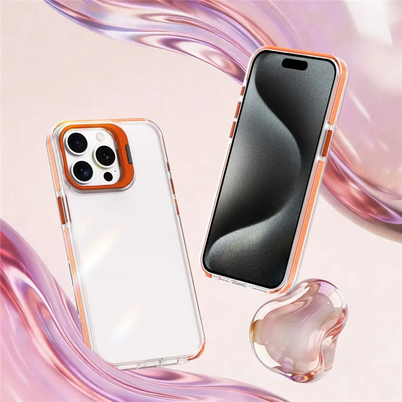 For iPhone 15 Pro Max Case Metal Camera Kickstand Shockproof Clear PC + TPU Phone Cover - Transparent Orange