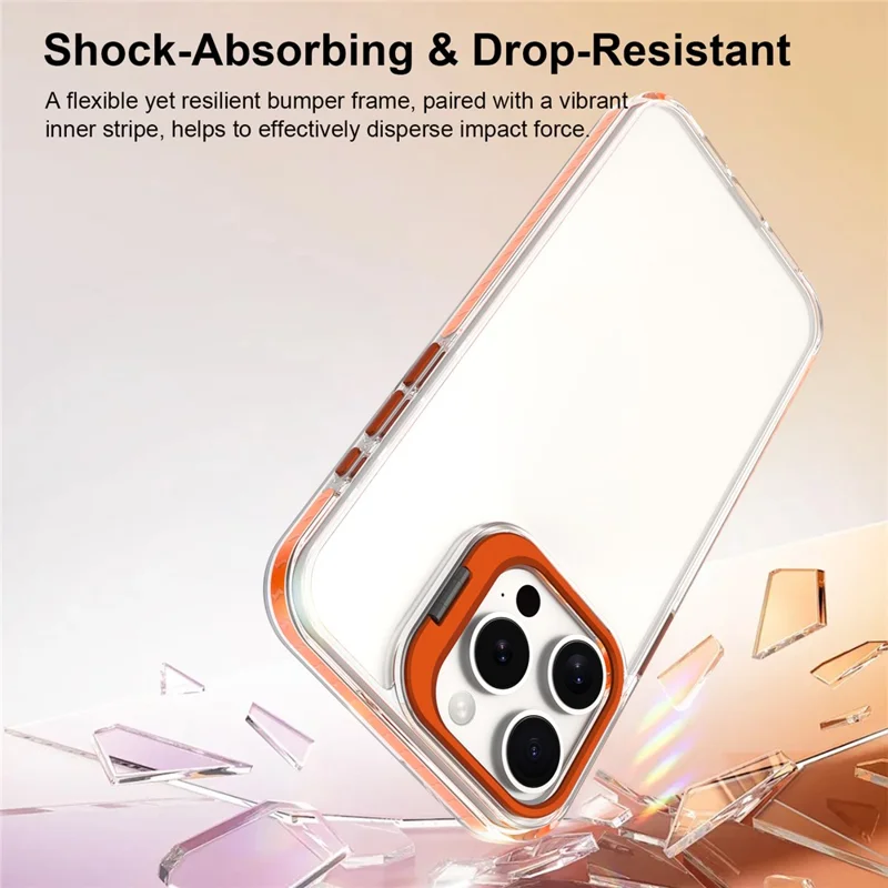For iPhone 15 Pro Max Case Metal Camera Kickstand Shockproof Clear PC + TPU Phone Cover - Transparent Orange