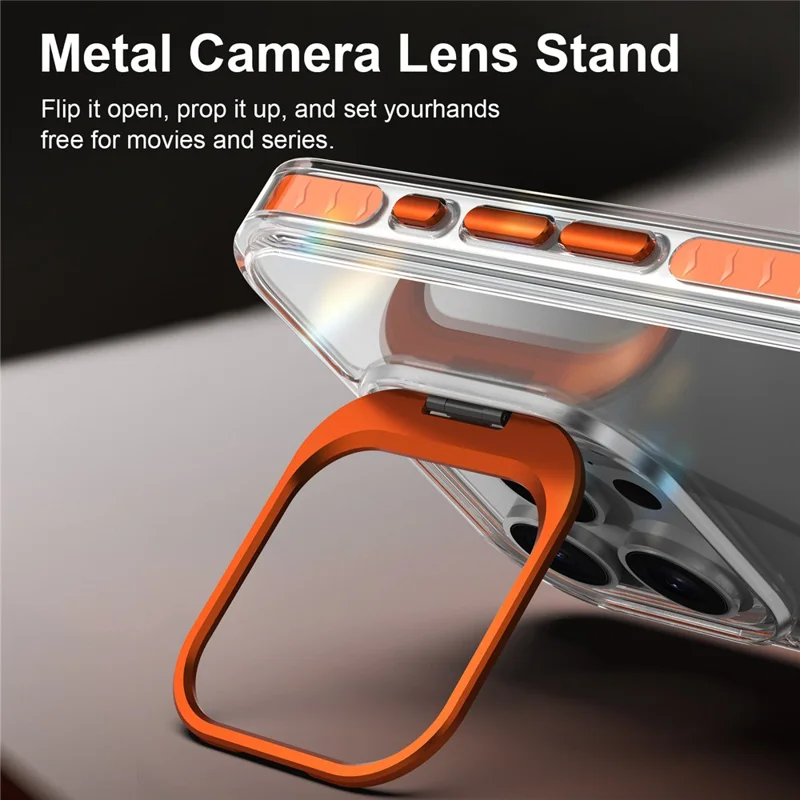For iPhone 15 Pro Max Case Metal Camera Kickstand Shockproof Clear PC + TPU Phone Cover - Transparent Orange