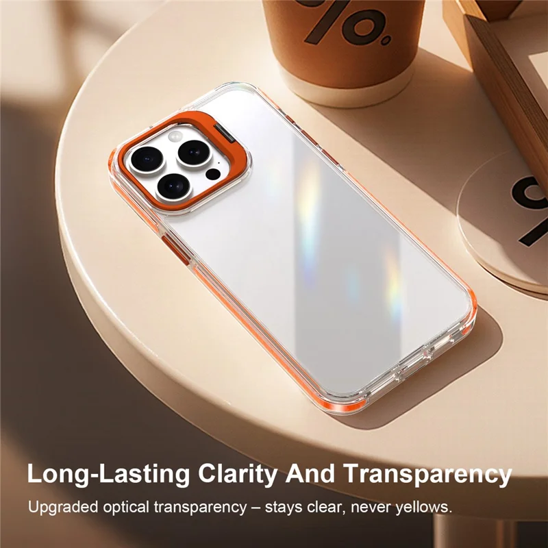 For iPhone 15 Pro Max Case Metal Camera Kickstand Shockproof Clear PC + TPU Phone Cover - Transparent Orange