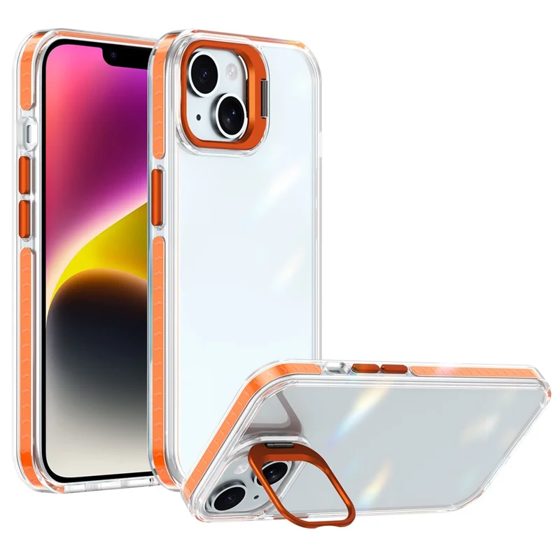 For iPhone 14 Case Metal Camera Kickstand Shockproof Clear PC + TPU Phone Cover - Transparent Orange