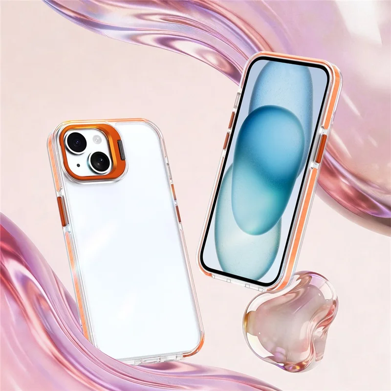For iPhone 14 Case Metal Camera Kickstand Shockproof Clear PC + TPU Phone Cover - Transparent Orange