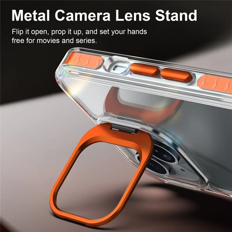 For iPhone 14 Case Metal Camera Kickstand Shockproof Clear PC + TPU Phone Cover - Transparent Orange