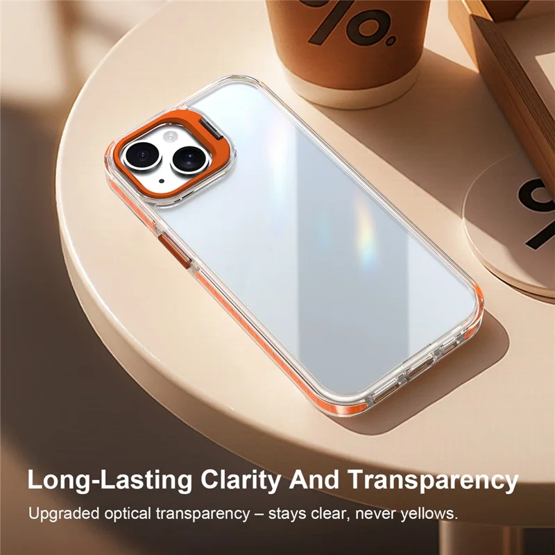 For iPhone 14 Case Metal Camera Kickstand Shockproof Clear PC + TPU Phone Cover - Transparent Orange