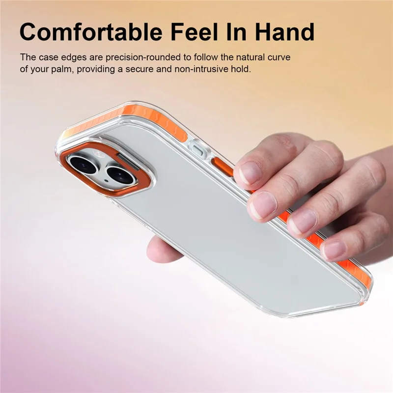 For iPhone 14 Case Metal Camera Kickstand Shockproof Clear PC + TPU Phone Cover - Transparent Orange