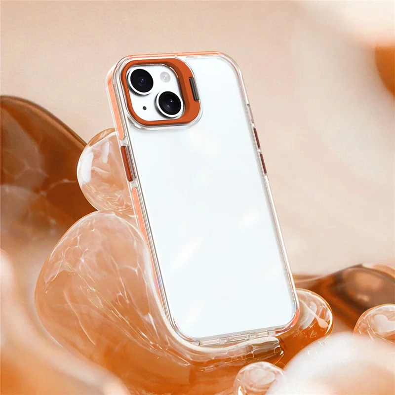For iPhone 14 Case Metal Camera Kickstand Shockproof Clear PC + TPU Phone Cover - Transparent Orange