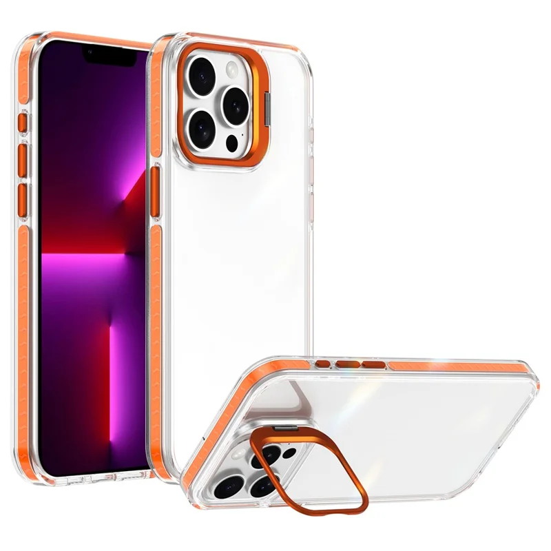 For iPhone 13 Pro Case Metal Camera Kickstand Shockproof Clear PC + TPU Phone Cover - Transparent Orange