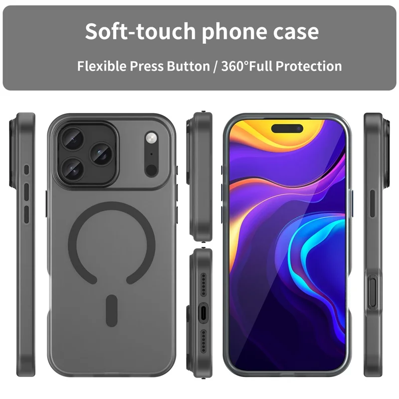 For iPhone 18 Pro Max  /  17 Pro Max Magnetic Case TPU + PC Matte Translucent Phone Back Cover - Black