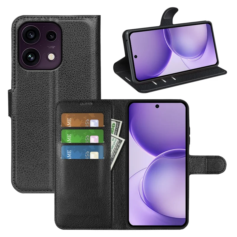 For Oppo Reno16 F 5G Case Wallet Stand Litchi Texture Shockproof Leather Phone Cover - Black