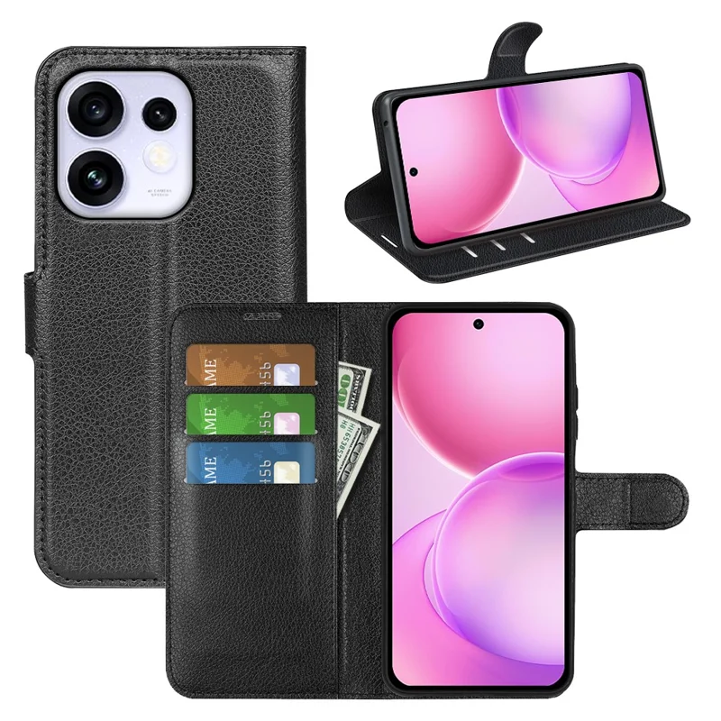 For Oppo Reno16 5G (Global) Case Wallet Stand Litchi Texture Shockproof Leather Phone Cover - Black