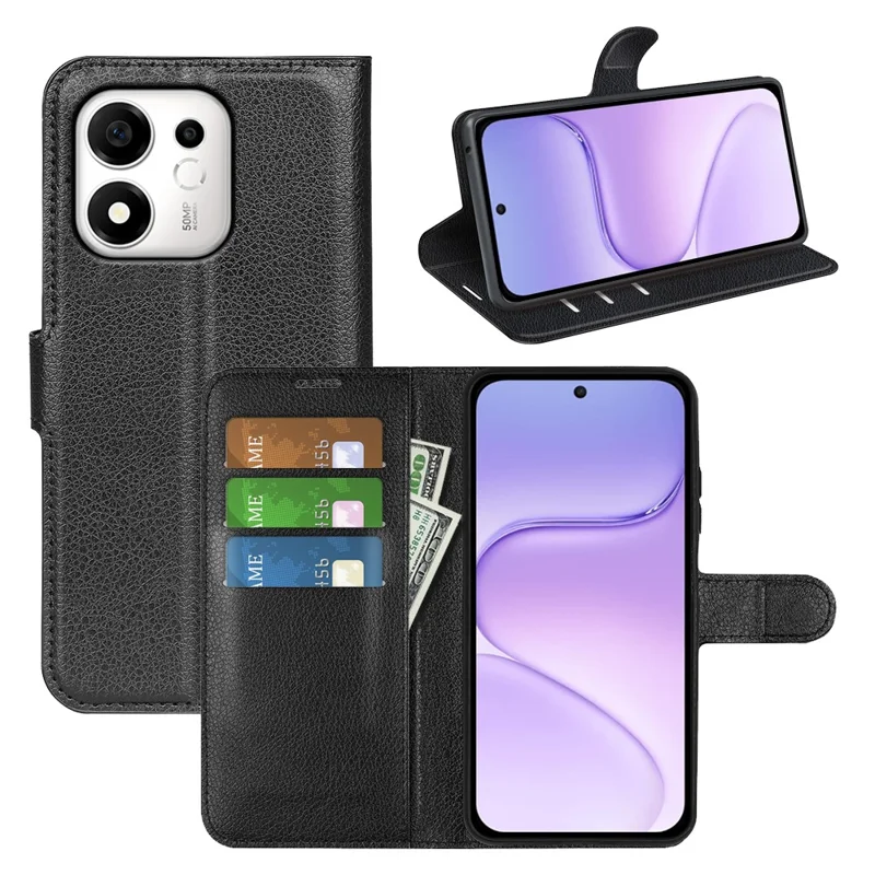 For Honor 600 Smart 5G / X7e Plus 5G Case Wallet Stand Litchi Texture Shockproof Leather Phone Cover - Black