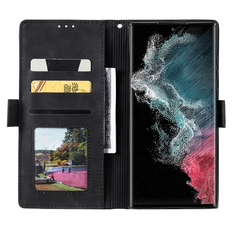 Для Samsung Galaxy S23 Ultra Retra Retro Splising Style Cute Leather Ock -resection Case Case Skellet Flip Flip Cover с Ремешком с Ремешком - Черный