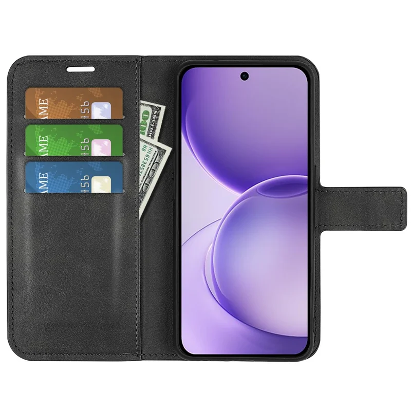 For Oppo Reno16 F 5G Stand Case Anti-Scratch Calf Texture Leather Phone Cover - Black