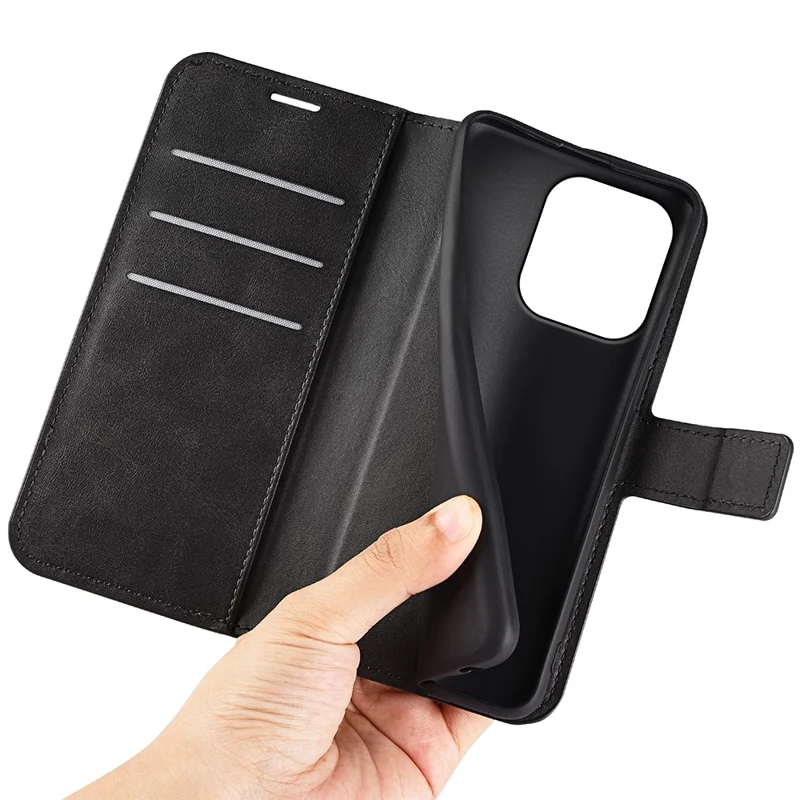 For Oppo Reno16 F 5G Stand Case Anti-Scratch Calf Texture Leather Phone Cover - Black