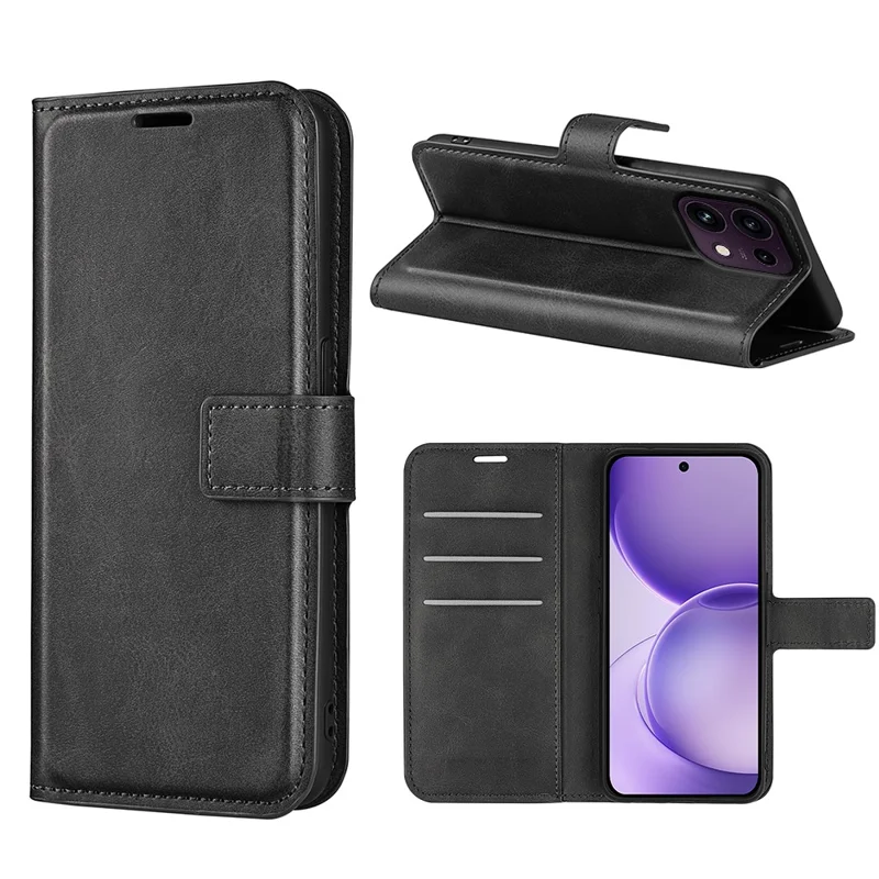 For Oppo Reno16 F 5G Stand Case Anti-Scratch Calf Texture Leather Phone Cover - Black