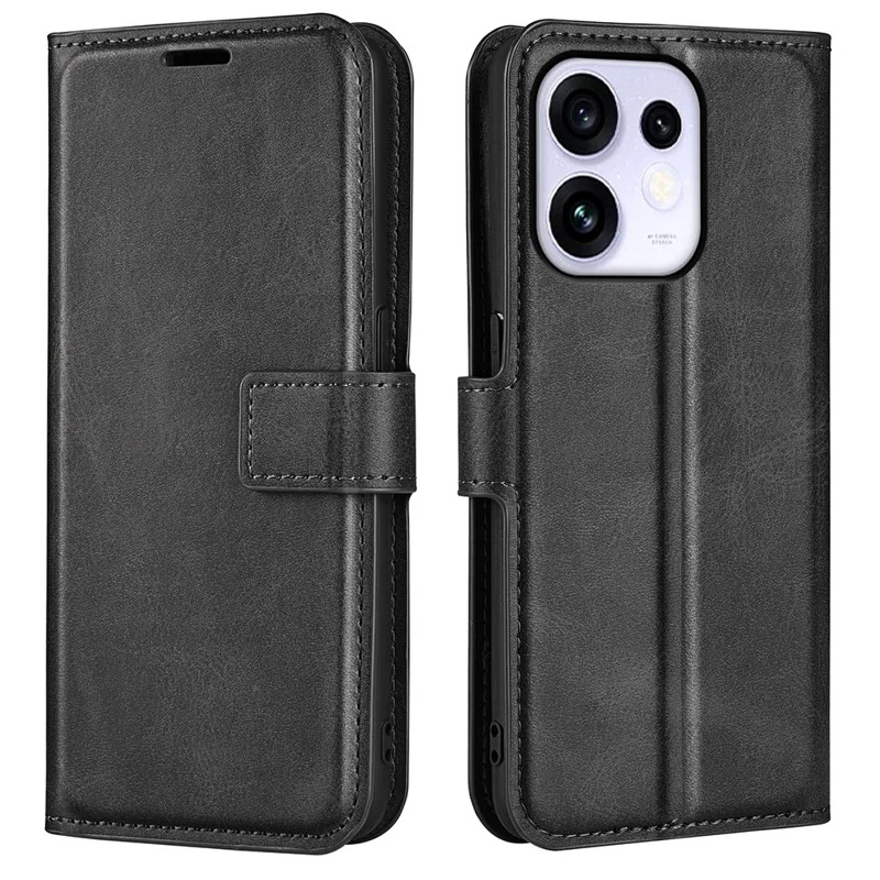 For Oppo Reno16 5G (Global) Stand Case Anti-Scratch Calf Texture Leather Phone Cover - Black