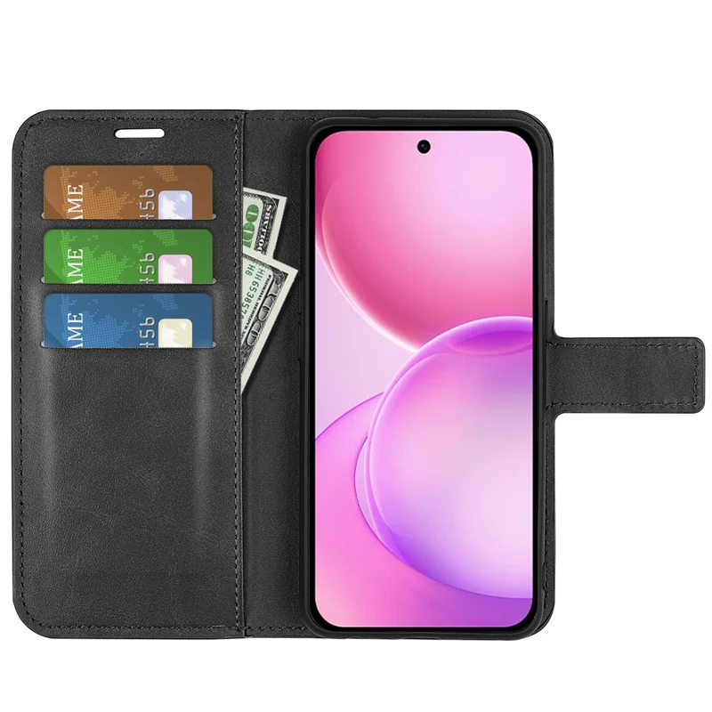 For Oppo Reno16 5G (Global) Stand Case Anti-Scratch Calf Texture Leather Phone Cover - Black