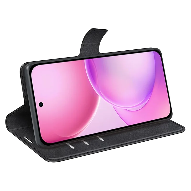 For Oppo Reno16 5G (Global) Stand Case Anti-Scratch Calf Texture Leather Phone Cover - Black
