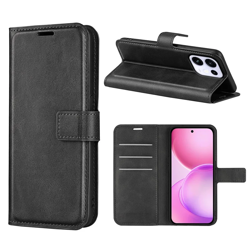 For Oppo Reno16 5G (Global) Stand Case Anti-Scratch Calf Texture Leather Phone Cover - Black