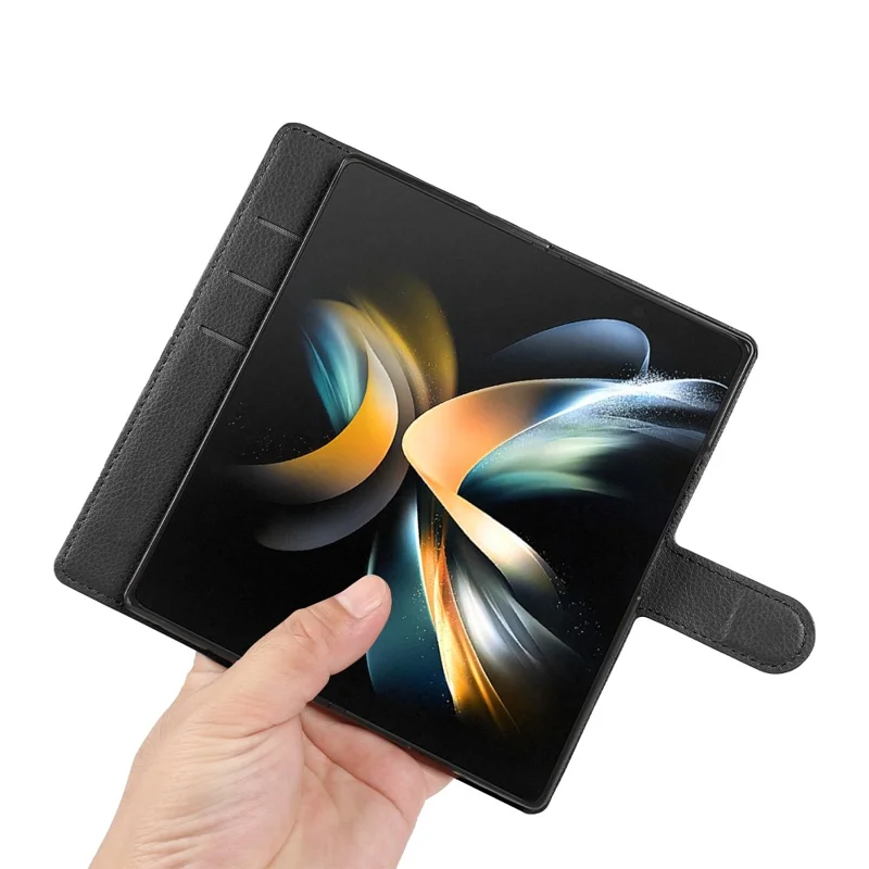 For Samsung Galaxy Z Fold4 5G Case Wallet Stand Litchi Texture Shockproof Leather Phone Cover - Black