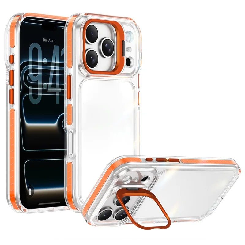 For iPhone 17 Pro Case Metal Camera Kickstand Shockproof Clear PC + TPU Phone Cover - Transparent Orange