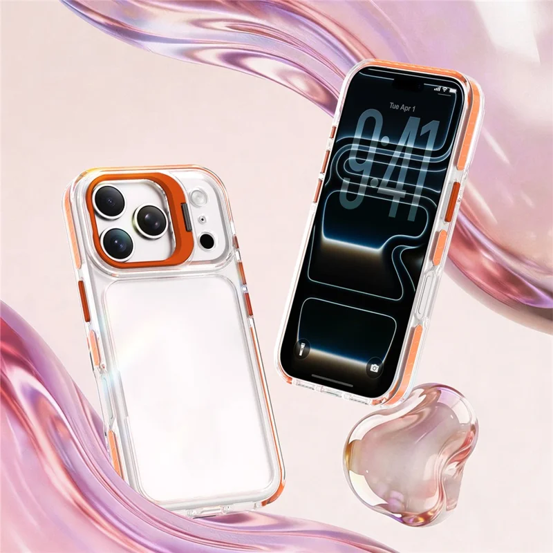 For iPhone 17 Pro Case Metal Camera Kickstand Shockproof Clear PC + TPU Phone Cover - Transparent Orange
