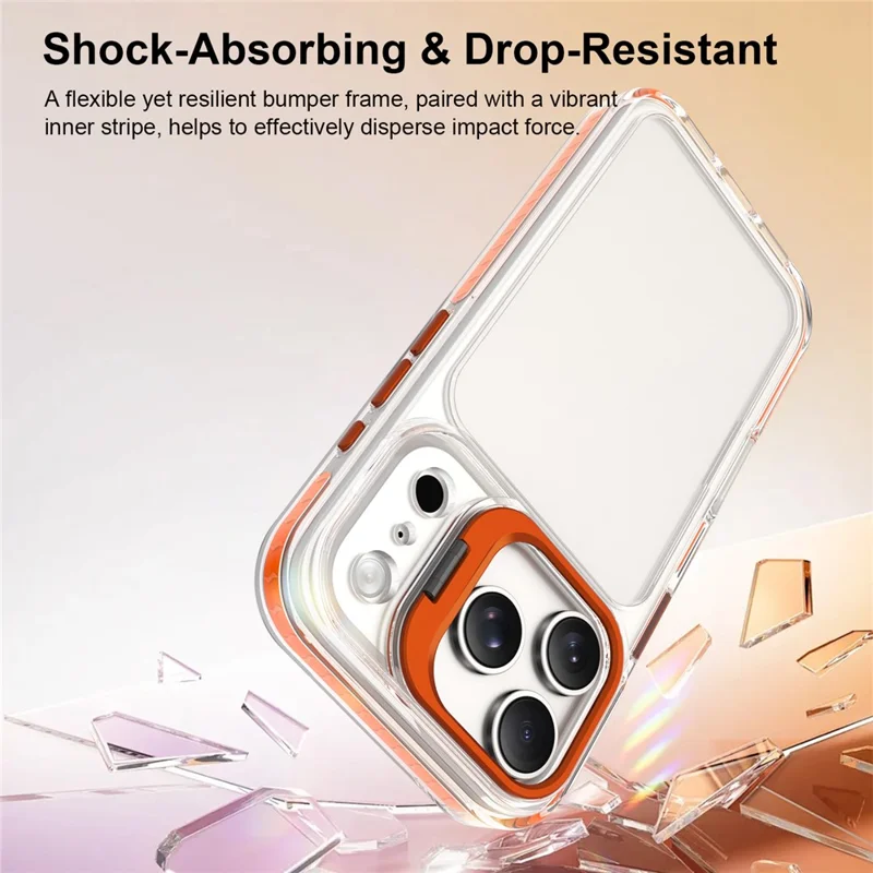 For iPhone 17 Pro Case Metal Camera Kickstand Shockproof Clear PC + TPU Phone Cover - Transparent Orange