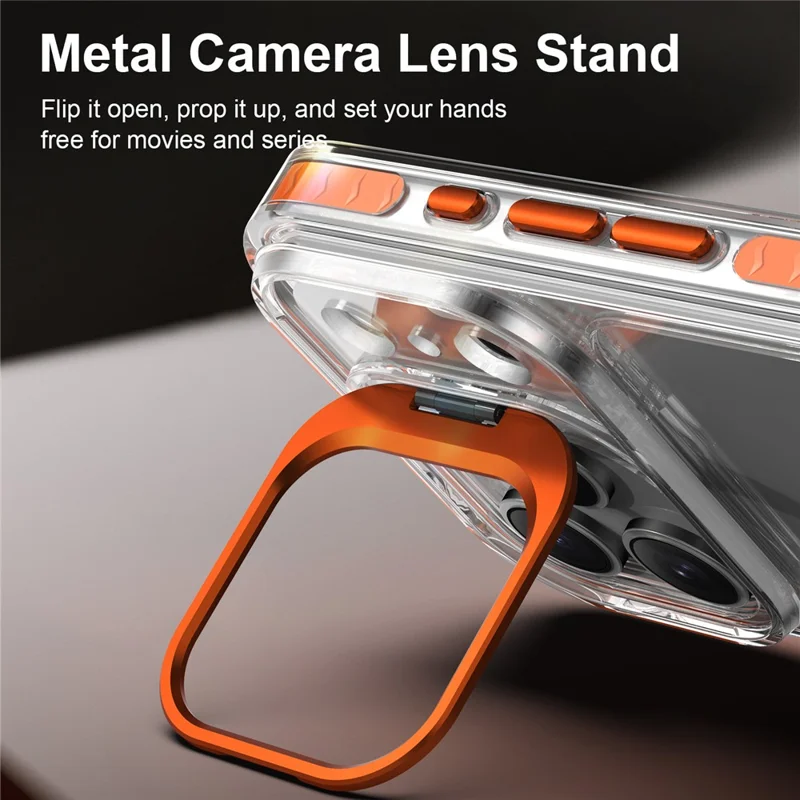 For iPhone 17 Pro Case Metal Camera Kickstand Shockproof Clear PC + TPU Phone Cover - Transparent Orange