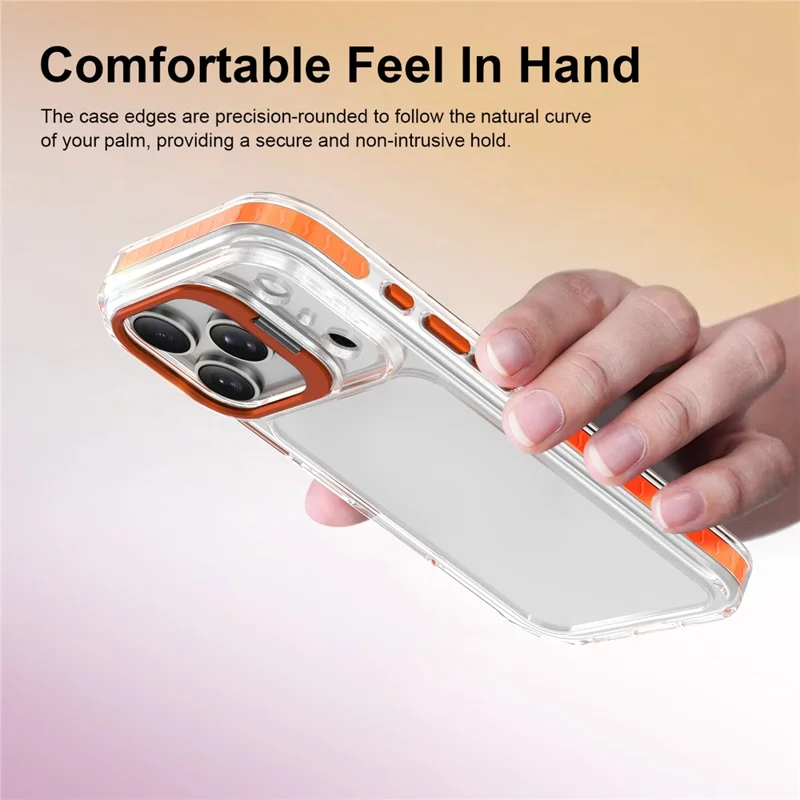 For iPhone 17 Pro Case Metal Camera Kickstand Shockproof Clear PC + TPU Phone Cover - Transparent Orange