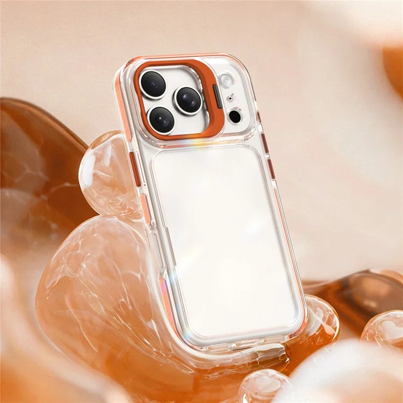 For iPhone 17 Pro Case Metal Camera Kickstand Shockproof Clear PC + TPU Phone Cover - Transparent Orange