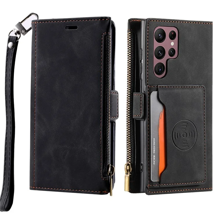 Für Samsung Galaxy S23 Ultra Reißverschluss Pocket Stand PU Leder Hülle Zurück - Schwarz