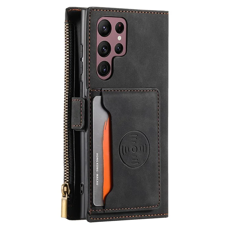 Für Samsung Galaxy S23 Ultra Reißverschluss Pocket Stand PU Leder Hülle Zurück - Schwarz