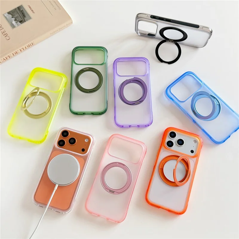 Funda para iPhone 17 Pro Max con Soporte Magnético Plegable, Carcasa Antigolpes de PC + TPU con Botón de IA - Naranja