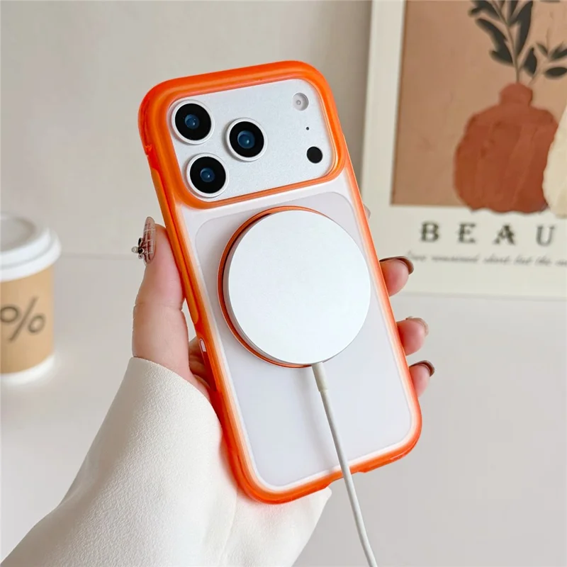 Funda para iPhone 17 Pro Max con Soporte Magnético Plegable, Carcasa Antigolpes de PC + TPU con Botón de IA - Naranja