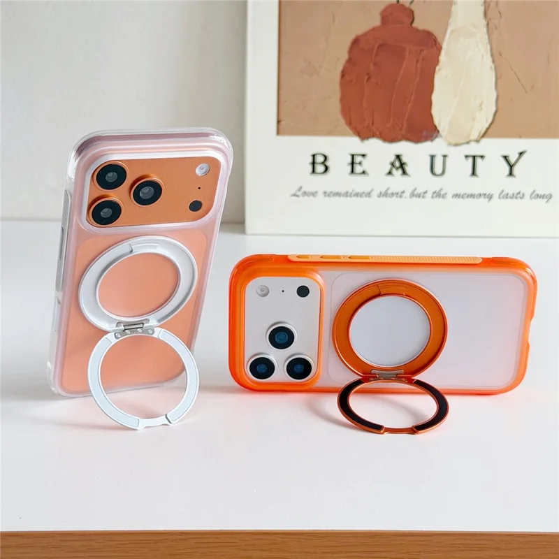 Funda para iPhone 17 Pro Max con Soporte Magnético Plegable, Carcasa Antigolpes de PC + TPU con Botón de IA - Naranja