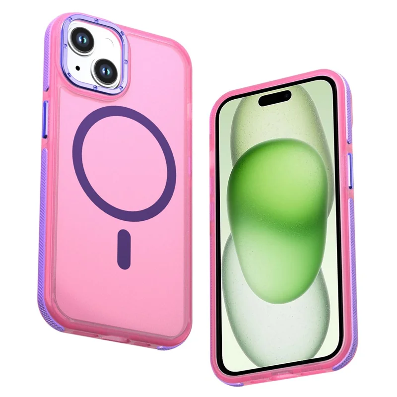 For iPhone 15 Magnetic Case Color Blocking PC + TPU Anti-Fingerprint Phone Cover - Pink