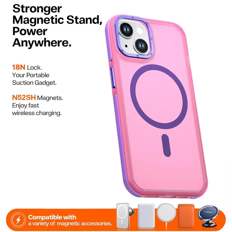 For iPhone 15 Magnetic Case Color Blocking PC + TPU Anti-Fingerprint Phone Cover - Pink