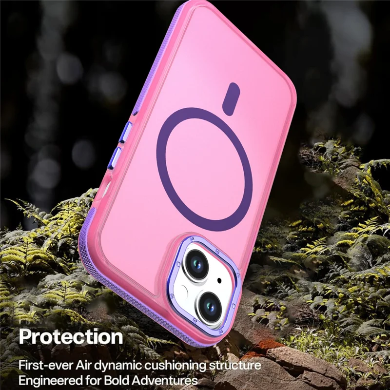 For iPhone 15 Magnetic Case Color Blocking PC + TPU Anti-Fingerprint Phone Cover - Pink