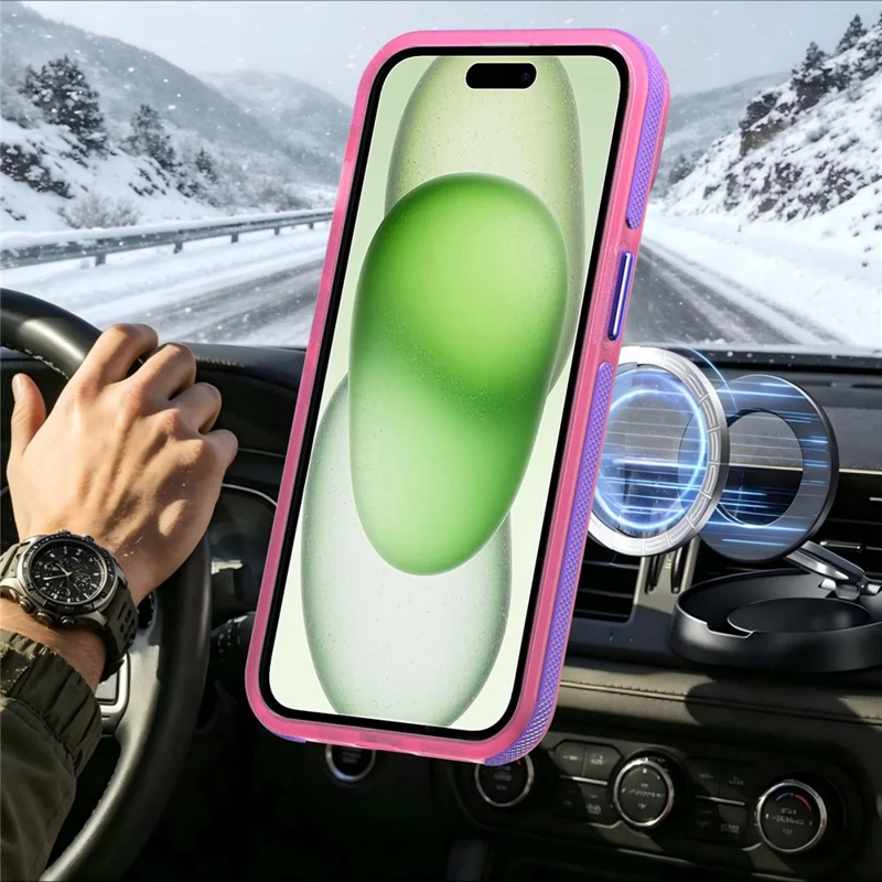 For iPhone 15 Magnetic Case Color Blocking PC + TPU Anti-Fingerprint Phone Cover - Pink
