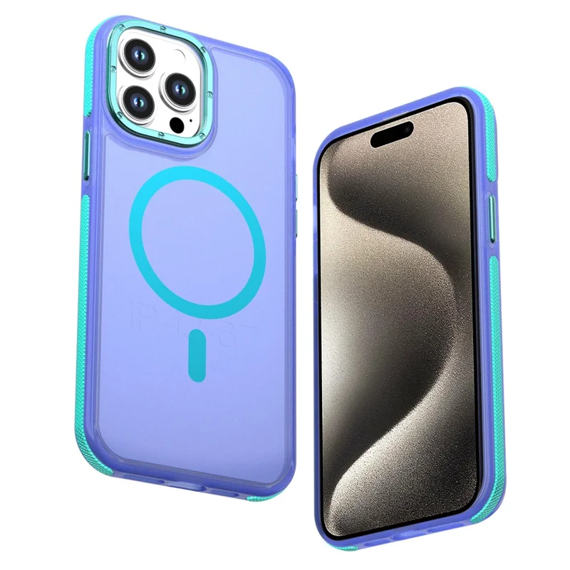 For iPhone 15 Pro Magnetic Case Color Blocking PC + TPU Anti-Fingerprint Phone Cover - Blue