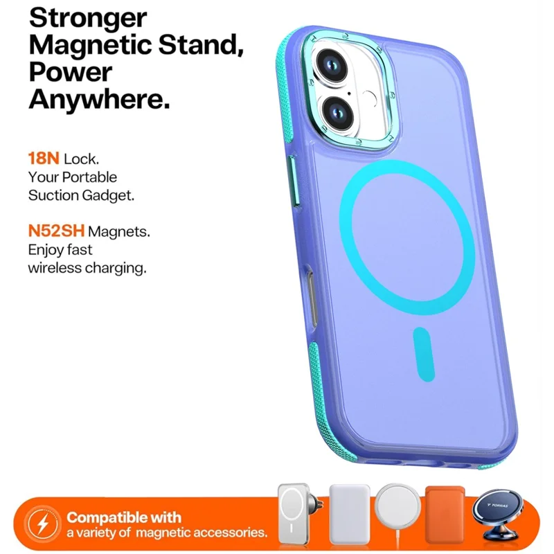 For iPhone 16 Magnetic Case Color Blocking PC + TPU Anti-Fingerprint Phone Cover - Blue