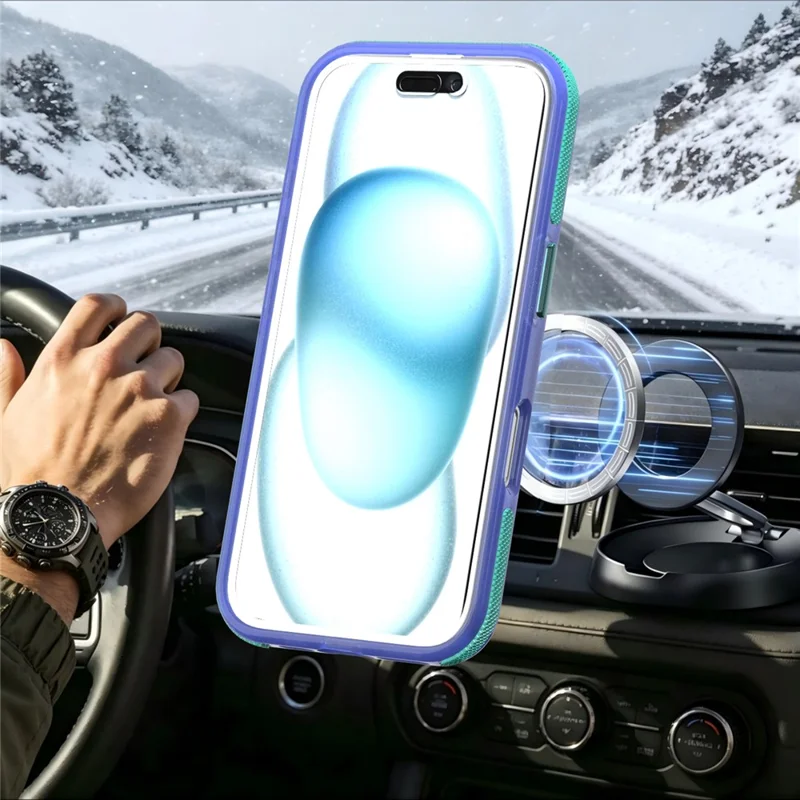 For iPhone 16 Magnetic Case Color Blocking PC + TPU Anti-Fingerprint Phone Cover - Blue