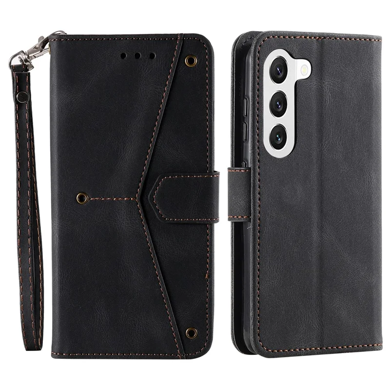 For Samsung Galaxy S23 Stand Wallet Phone Case Splicing Stitching PU Leather + TPU Cover - Black
