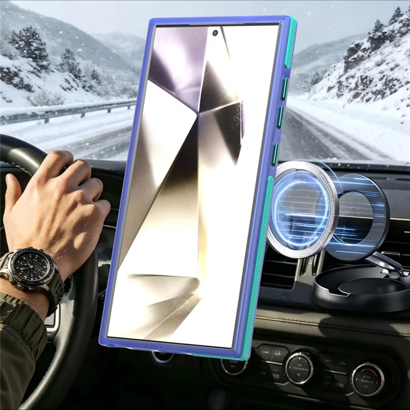 For Samsung Galaxy S24 Ultra Magnetic Case Color Blocking PC + TPU Anti-Fingerprint Phone Cover - Blue