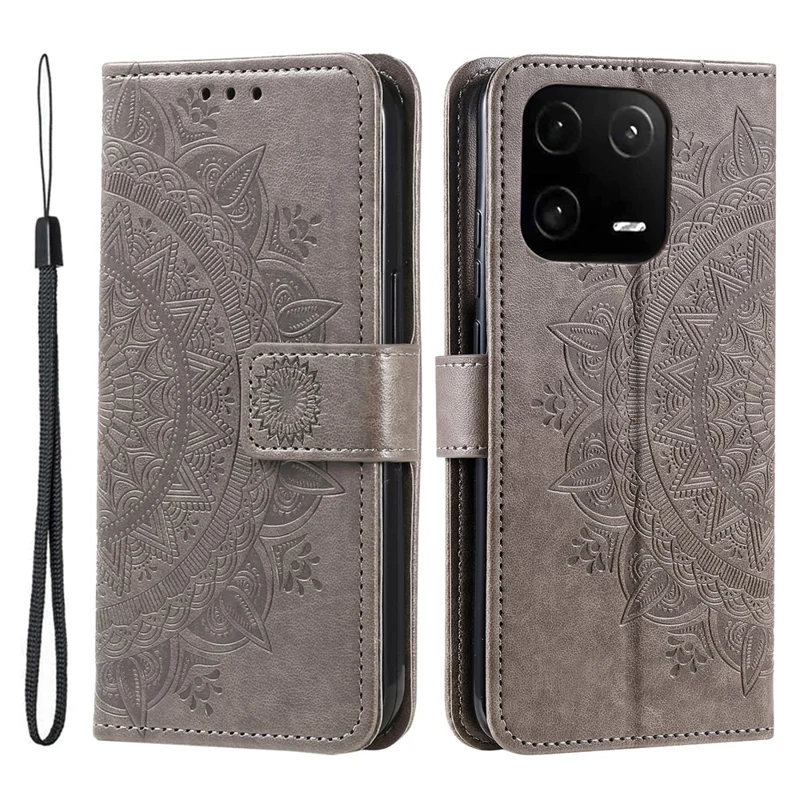 For Xiaomi 13 Pro 5G Imprinted Mandala Flower Phone Case Anti-drop Wallet Stand Cover with Strap - Grey