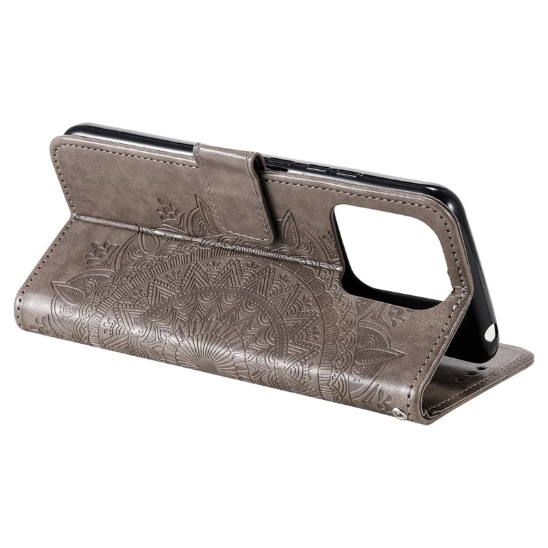 For Xiaomi 13 Pro 5G Imprinted Mandala Flower Phone Case Anti-drop Wallet Stand Cover with Strap - Grey