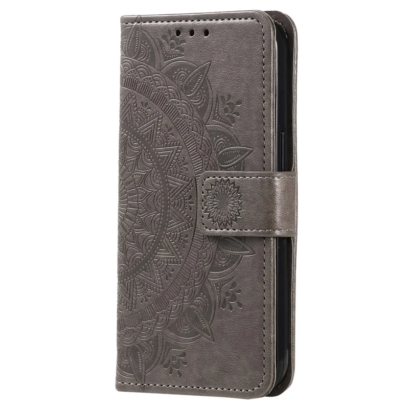 For Xiaomi 13 Pro 5G Imprinted Mandala Flower Phone Case Anti-drop Wallet Stand Cover with Strap - Grey
