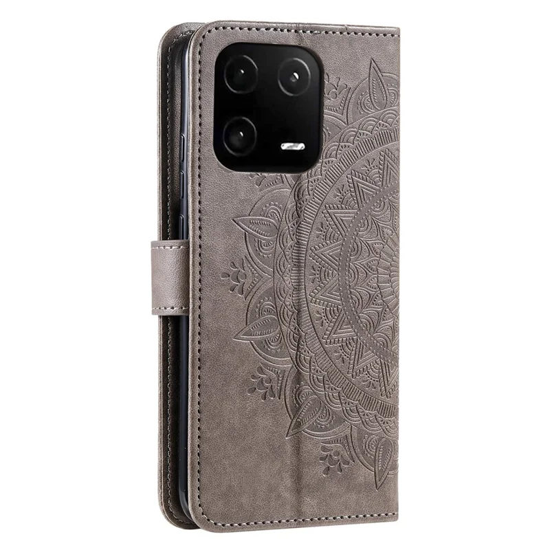 For Xiaomi 13 Pro 5G Imprinted Mandala Flower Phone Case Anti-drop Wallet Stand Cover with Strap - Grey